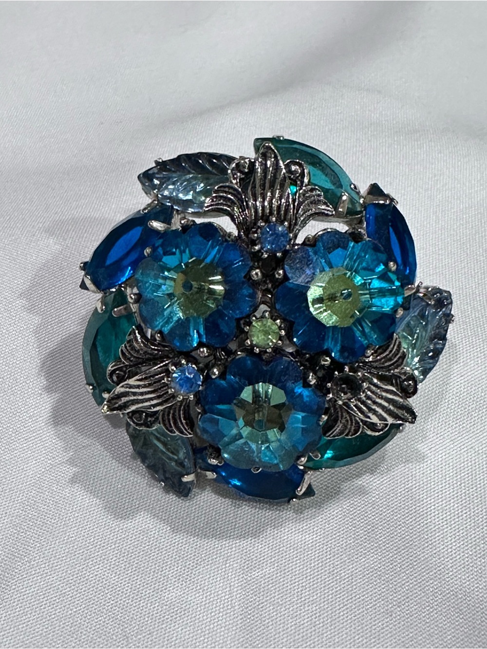 Vintage 60’s Blue & Teal Rhinestone Floral Brooch Large - Unsigned